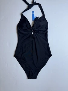 CUPSHE Women's One Piece Halter Deep V Neck Swimsuit Tummy Control Black Sz S - Picture 1 of 6