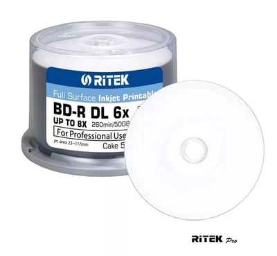 50 RITEK PRO INKJET Printable Blank BDR BD-R Blu Ray DL 6x - 8x 50GB 260M discs - Image 1 of 2