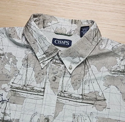 Camisa Mapa Náutico Chaps Para Hombres XL Manga Corta Abotonada Ventilada Poliéster Bolsillos Foto 1 de 4