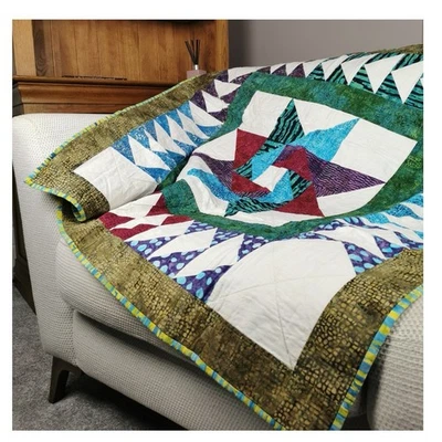 Quilted Blanket, Double Windmill Star Patchwork, Earthy Greens And Deep Reds - Image 1 of 3