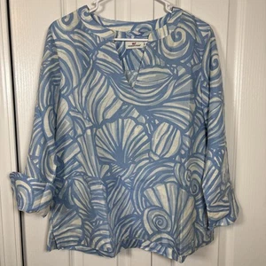 Vineyard Vines Linen Blend Nautilus Shell Print Tunic Sz M Top 3/4 Sleeves Blue - Picture 1 of 8