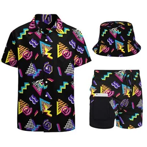 Men's 2-Piece Retro Outfit 80s 90s Tracksuit Hawaiian Outfit Set Shirtsbeach ... - Picture 1 of 9