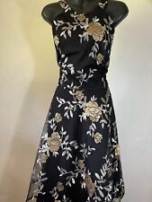 Review  floral embroidered  midi dress, black, gold, silver, sz. 14,