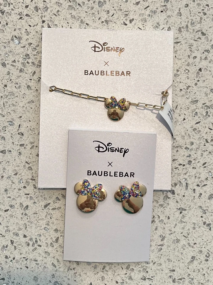 Disney X BAUBLEBAR Minnie Mouse Oro Espejo Tachuelas Pendientes Conjunto Collar ¡NUEVO! Foto 1 de 4