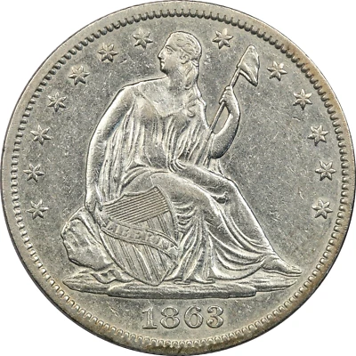 1863 Seated Liberty Half Dollar 50C, About Unc AU, Cleaned & Scratched - Image 1 of 2