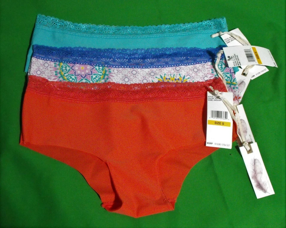 3 NEW JESSICA SIMPSON JS40375 MICROFIBER CO/PRT/TQ LACE WAIST HIPSTER PANTIES S - Image 1 of 2