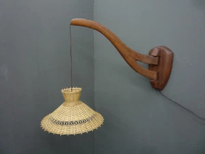 Teak Gelenkarm Wandlampe Bastschirm 60er Mid-Century Denmark style Interior Home - Picture 1 of 12