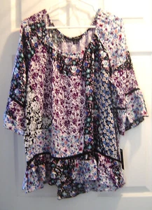 Women's Size XL Patchwork Look Tunic 3/4 Sleeve Blouse Black Purple NWT - Picture 1 of 8