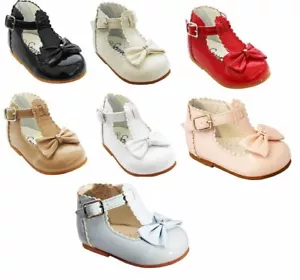 GIRLS BOW SHOES BABY-TODDLER SPANISH STYLE PRAM-FIRST WALKING PARTY/WEDDING - Picture 1 of 22