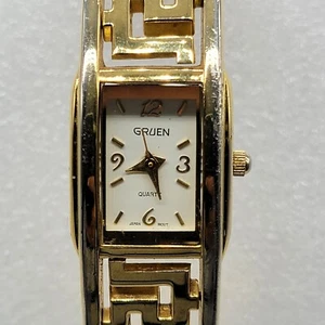 Reloj Gruen Mujer 18mm Esfera Rectangular Tono Dorado Bisagras Brazalete Brazalete - Funciona * - Imagen 1 de 16