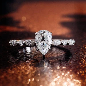 Pear Cut Solitaire Diamond Engagement Ring 14K White Gold Finish Size J-T - Picture 1 of 9