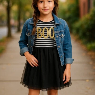 Halloween Boo! Платье девочек размер средний 7/8 в полоску длинным рукавом и тюль низ - Изображение 1 из 4