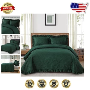 Juego de edredón verde esmeralda tamaño king - 3 piezas de ropa de cama con volantes, todas las estaciones 104"x90" - Imagen 1 de 9
