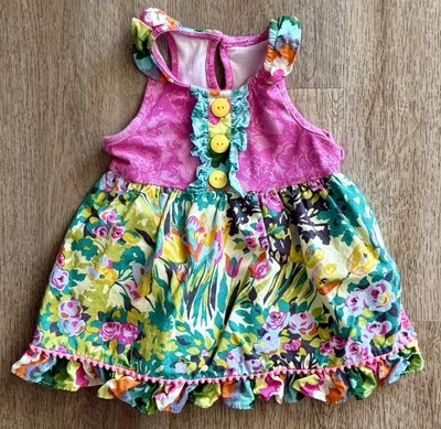 Peaches 'n Cream Sleeveless Dress Bold Watercolor Floral Ruffle Size 24m - Image 1 of 4