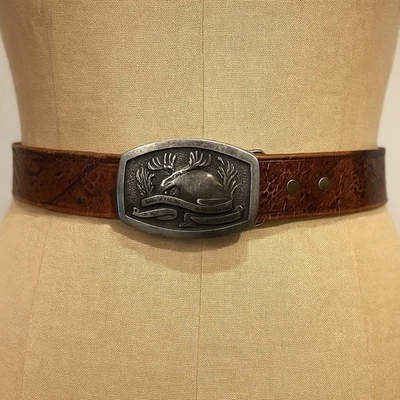 Abercrombie Fitch Leather Belt Mens Womens Vintage Deer Buckle Est 1892 - Image 1 of 4