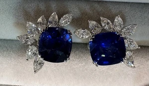 A Superb Pair Of 6.37ct Ceylon Blue Sapphire & Diamond 18k Earrings - Picture 1 of 11
