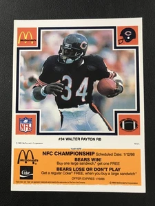 1985 McDonald's Chicago Bears Walter Payton Orange w/ Tab HOF HIGH GRADE - Picture 1 of 2