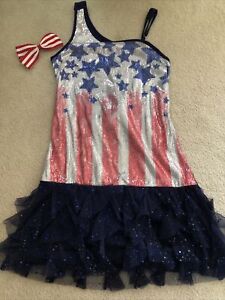Excellent Girls Justice Patriotic Sparkle Sequin Ruffle Dress Size 18 W/ Red Bow