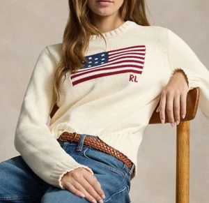 Polo Ralph Lauren Damen Creme Pullover Pulli Amerikanische Flagge Baumwolle L UVP349 - Bild 1 von 17