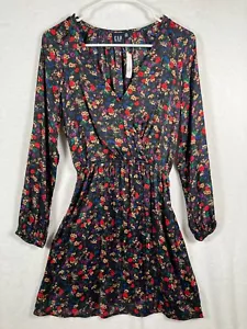 Gap Black Floral Wrap Dress Petite Size XS V-Neck Long Sleeve Elastic Waist NEW - Picture 1 of 10