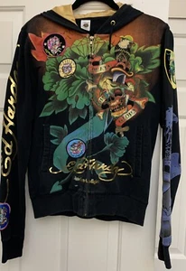 ED HARDY WOMEN’S SIZE L DEATH OR GLORY RHINESTONE & PATCHES EMBELLISHED HOODIE - Picture 1 of 10