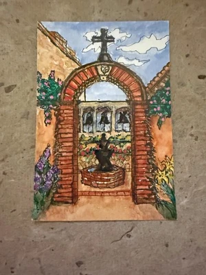 Tarjeta coleccionable de artista ACEO, patio Mission Bells, pintura acuarela original Foto 1 de 3
