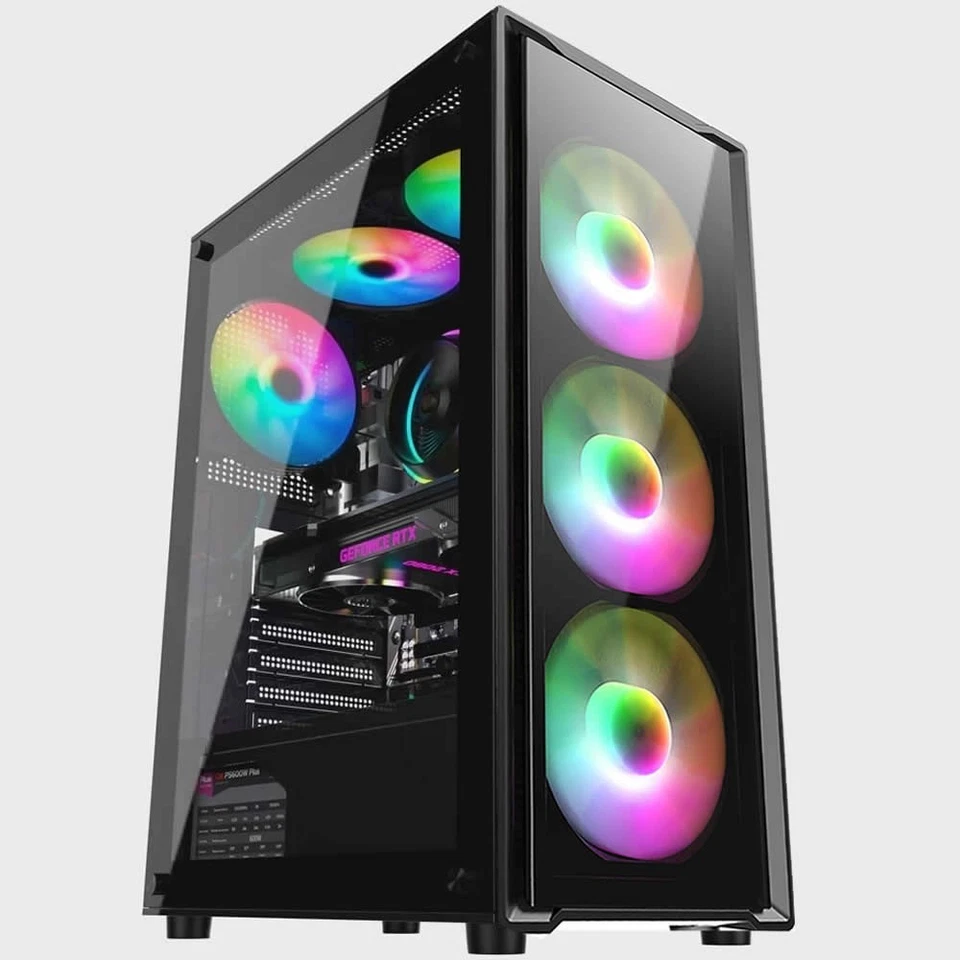 Gaming PC Computer Case 6x ARGB LED Fans Mid Tower ATX Tempered Glass Panels UK - Image 1 of 4