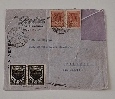 Rare Egeo 1930s Airmail Cover Rodi Dodecanese to Florence  Rodia Company - Image 1 of 4