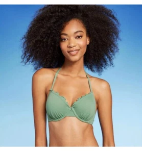 Top de bikini para mujer ligeramente forrado con volantes - verde wasabi sombra y orilla - Imagen 1 de 4