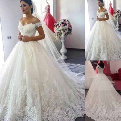 White Ivory Wedding Dresses Off the Shoulder Lace Appliques Elegant Bridal Gowns - Image 1 of 4