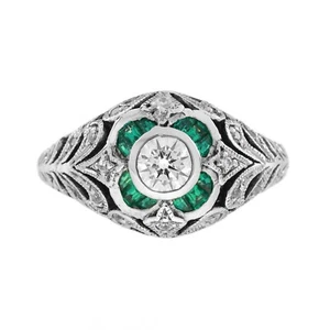 18K White Gold Natural Diamond Emerald Art Deco Style Floral Engraved Ring - Picture 1 of 11