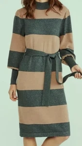 Ann Taylor NWT $150 PM Petite Medium Sweater Dress Striped Mock Neck Tan Green - Picture 1 of 6