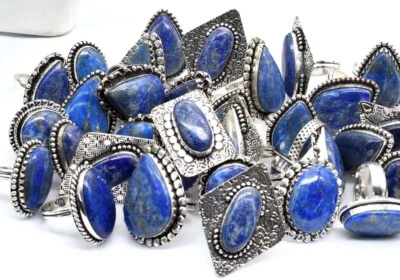 10 PC Mix Größe Und Design Menge Lapislazuli Edelstein Versilbert Ringe - Bild 1 von 2