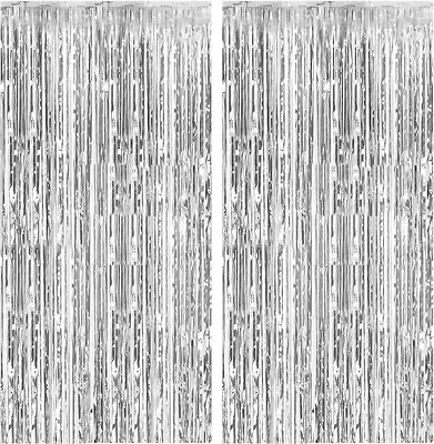 Paquete de 2 cortinas de papel aluminio telón de fondo plateado metálico oropel lámina flecos cortinas foto  Foto 1 de 4