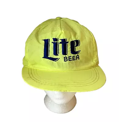 VINTAGE MILLER LITE BEER NEON YELLOW NAVY EMBROIDERED NYLON BASEBALL CAP HAT OS - Image 1 of 4