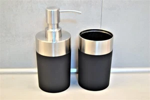 2 teiliges Bad Set Seifenspender und Becher schwarz silber Badezimmer Accessoire - Bild 1 von 4