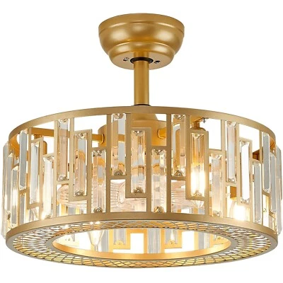 Gold Crystal Fandelier Kitchen Caged Ceiling Fan Light for Bedroom with Remot... - Image 1 of 4