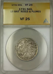 1731 Roses & Plumes Great Britain Silver Shilling Coin George II ANACS VF-25 - Picture 1 of 2