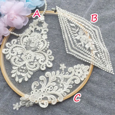 Encaje Marfil Aplique con Cuentas de Boda Vestido Motivo Bordado Ribete 1PC - Imagen 1 de 4