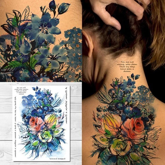 Tatuaje Temporal Grande Cena - Acuarela Azul Flores Ramo de Sueño de Verano Foto 1 de 1