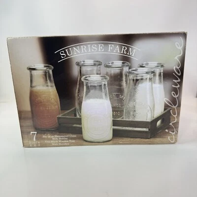 Circleware Sunrise Farm 6 Piece Hammered Glass Milk Bottles And Tray - READ - Image 1 of 4