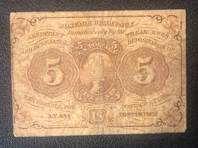 1862 1st First Issue 5 Five Cent Fractional Currency Postage Jefferson Bill Note - Image 1 of 2