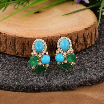 9.61 TCW Lab Grown CVD Diamond Turquoise Real Emerald 14k Yellow Gold Earrings - Image 1 of 4