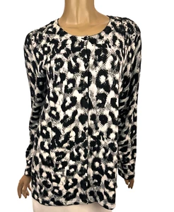 Rafaella Sz L Cardigan Sweater Black & White w/ Beads at Top Button-Up Cotton Bl - Picture 1 of 5
