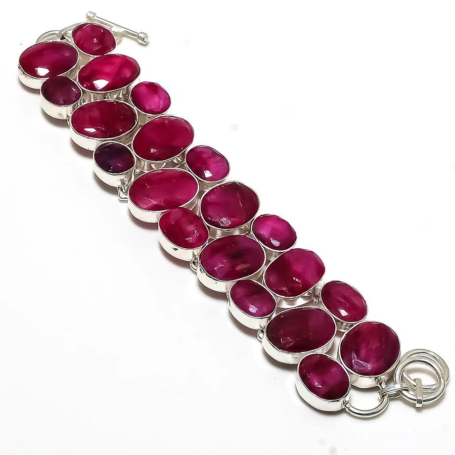 Ruby(Simulated) Gemstone Handmade 925 Sterling Silver Jewelry Bracelet 7-8" - Image 1 of 1
