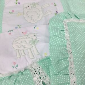 Vintage Heartline Crib Baby Blanket Nursery Set, Green Swiss Dot Sheep Tulip