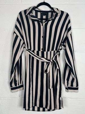 ASOS Design Striped Shirt Dress Black Beige Long Sleeve Belted Women's Sz 6 NWT - Image 1 of 4
