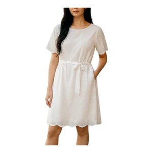 Bloomchic White Cotton Eyelet Dress Size 10 Midi Short Sleeve Coastal Tie Waist - Picture 1 of 10