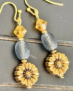 Blue, Yellow and Gold SunFlower Earrings. Nature. Bloom. - Picture 1 of 3