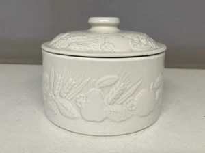Vintage St Michael Biscuit Barrel White Embossed Fruit Lidded Jar M&S Cookie - Picture 1 of 9